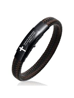 Mens Christian Braided Leather Bracelet Stainless Steel Cross Bible Verse Lava